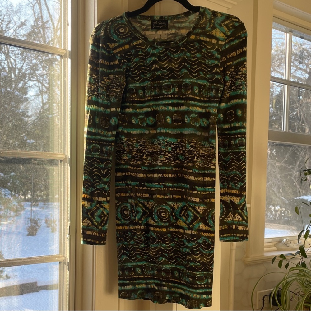 Torn by Ronny Kobo Green and Brown Patterned Long Sleeve Dress